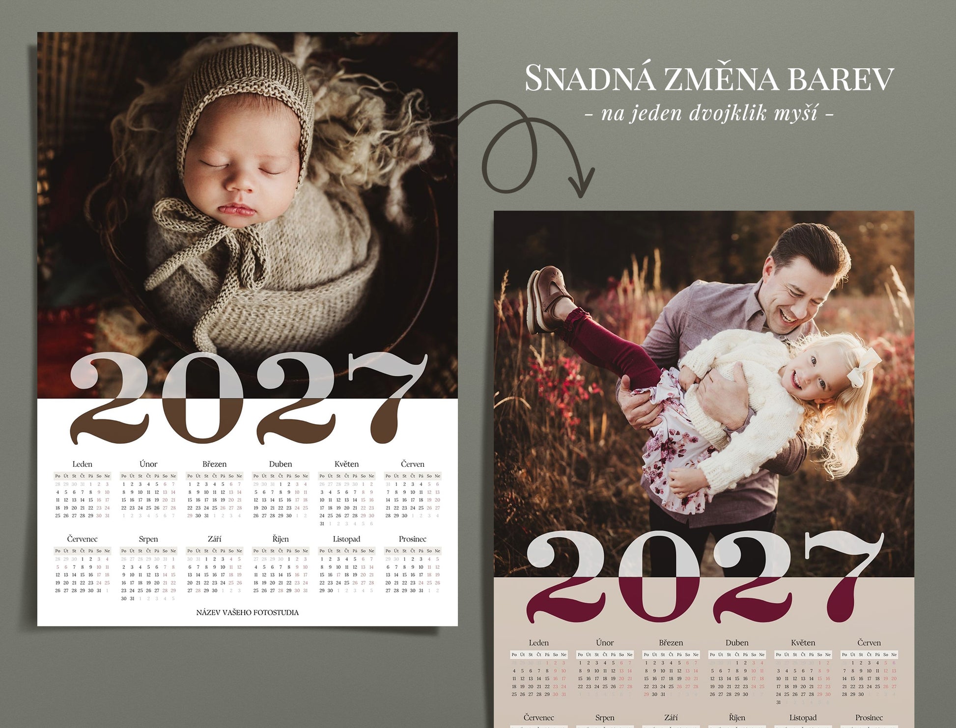Barevné varianty šablony kalendáře 2027 pro fotografy v Canvě