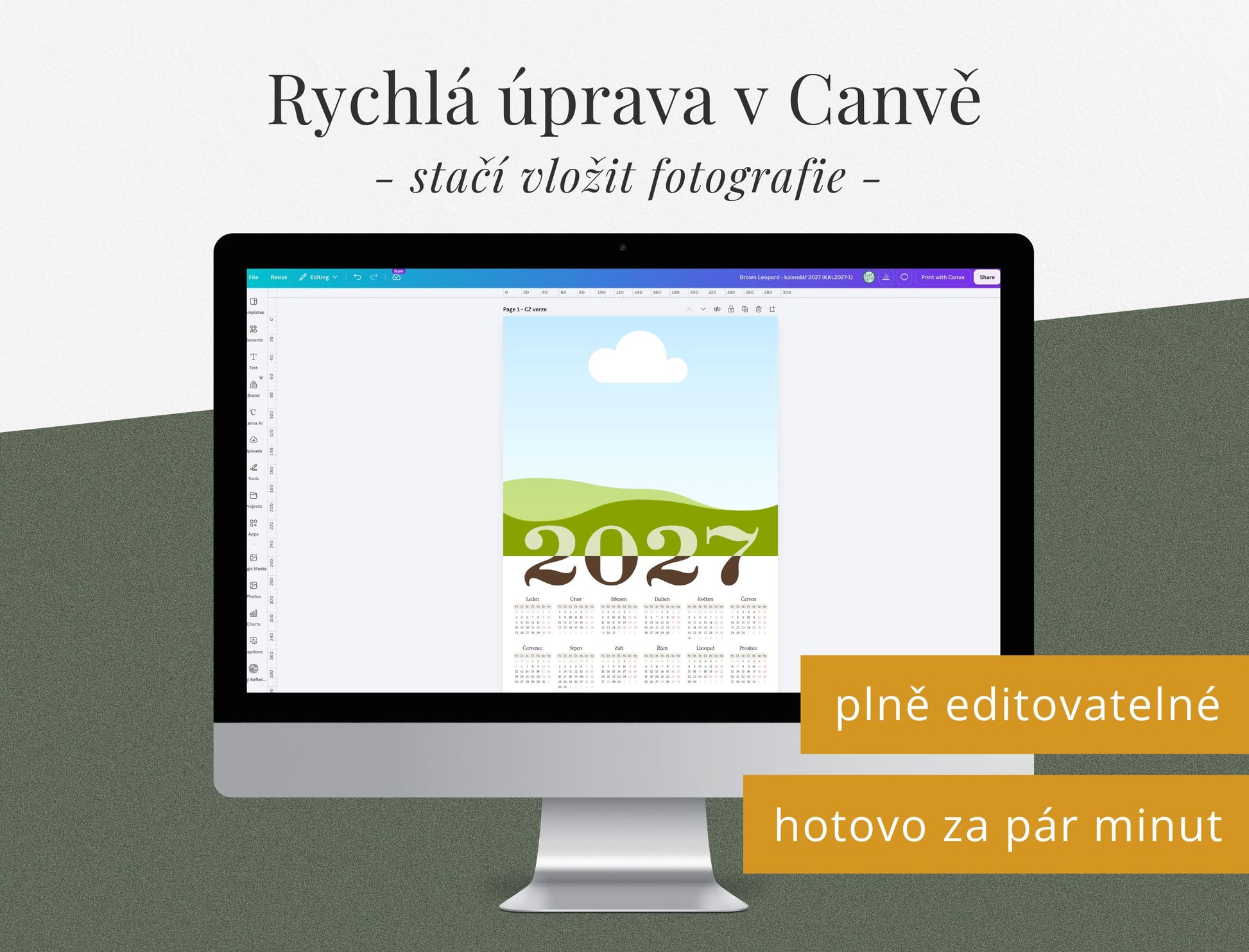 Úprava šablony kalendáře 2027 v Canvě na počítači