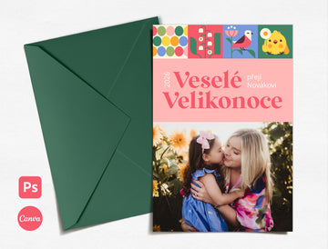 Velikonoční pohlednice pro fotografy – šablona 10 × 15 cm (Photoshop / Canva)