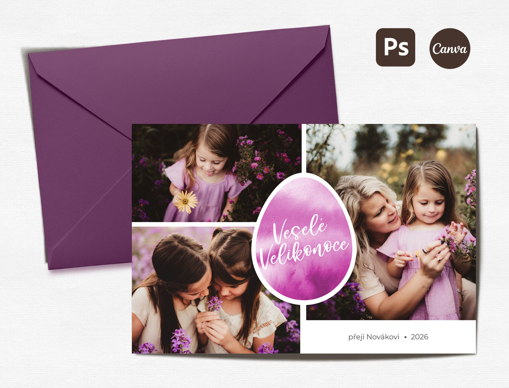 Velikonoční pohlednice pro fotografy s akvarelovým vajíčkem – šablona s vloženou fotografií