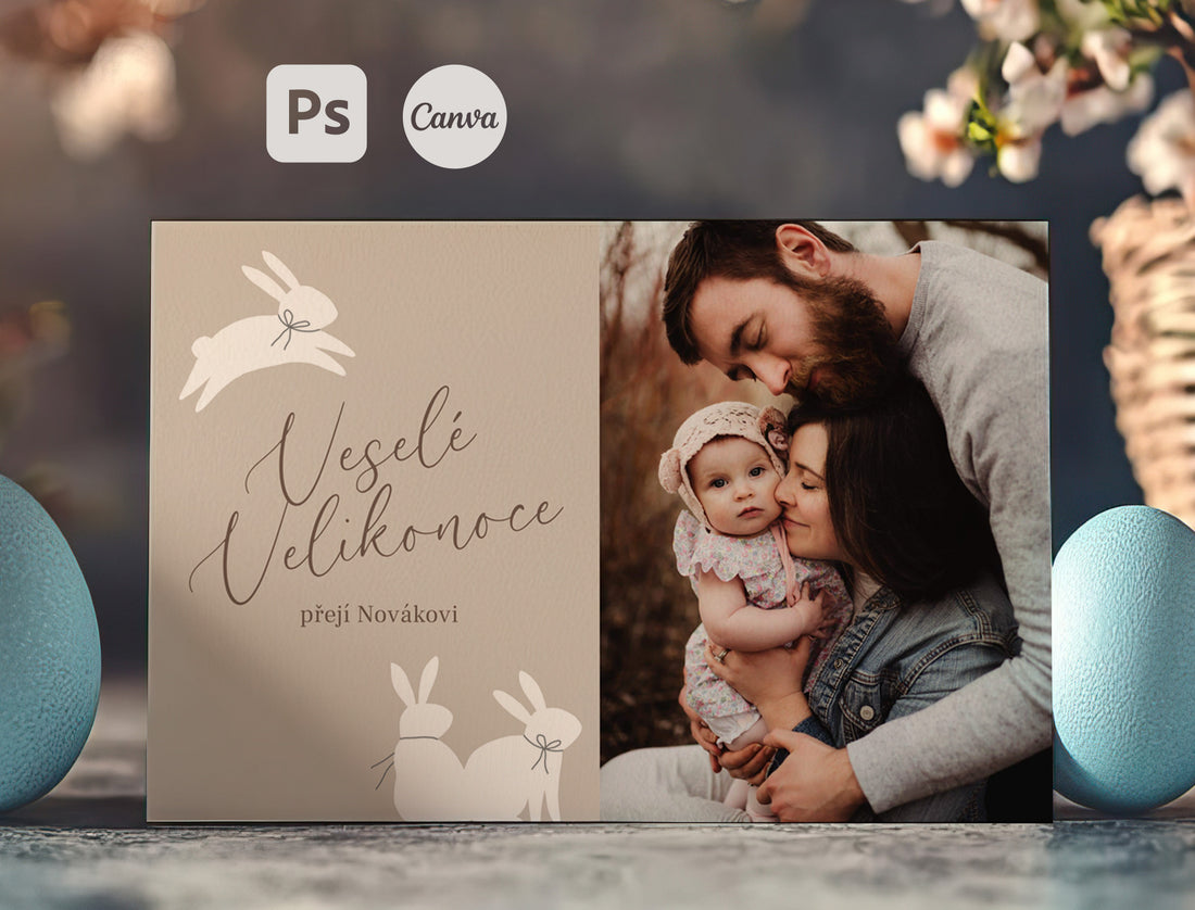 Velikonoční pohlednice pro fotografy – šablona 10 × 15 cm (Photoshop / Canva)