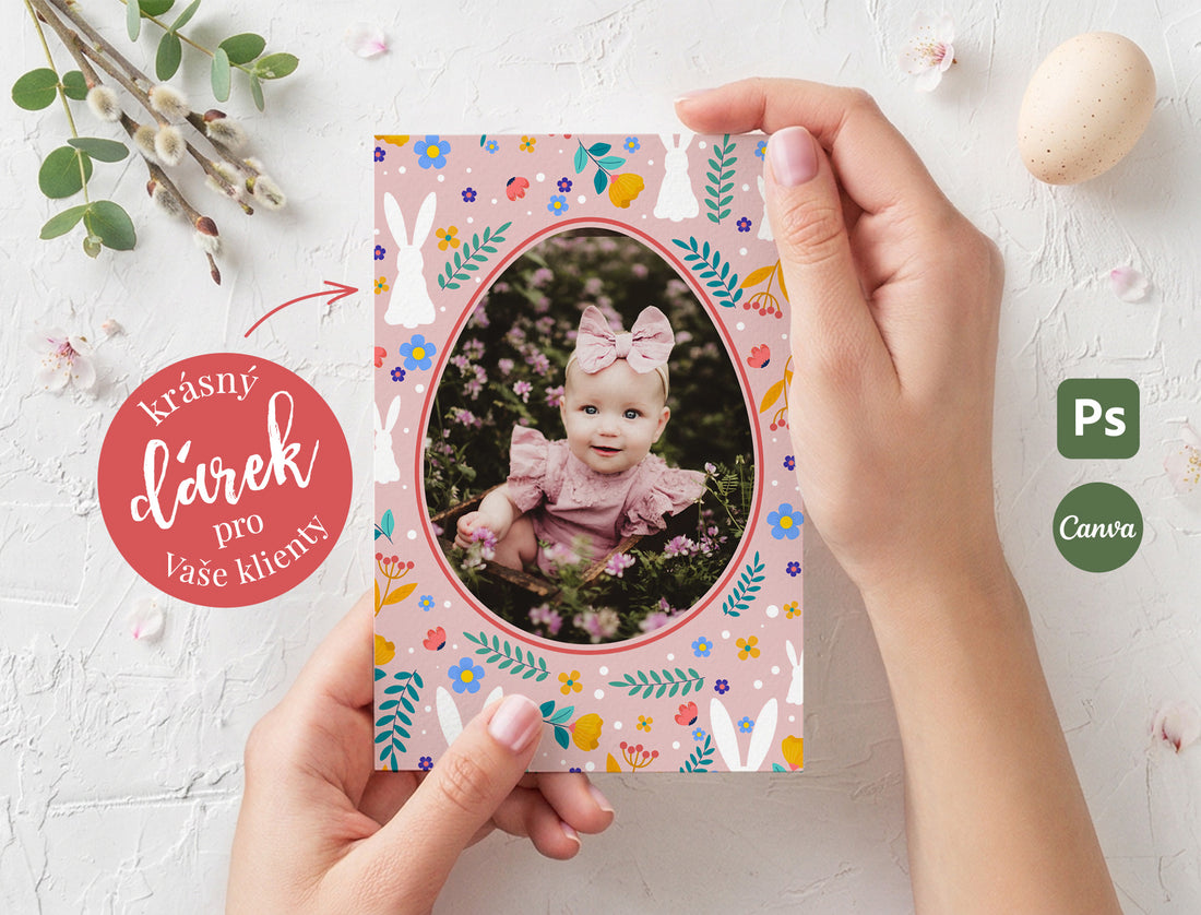 Velikonoční pohlednice pro fotografy – šablona 10 × 15 cm (Photoshop / Canva)