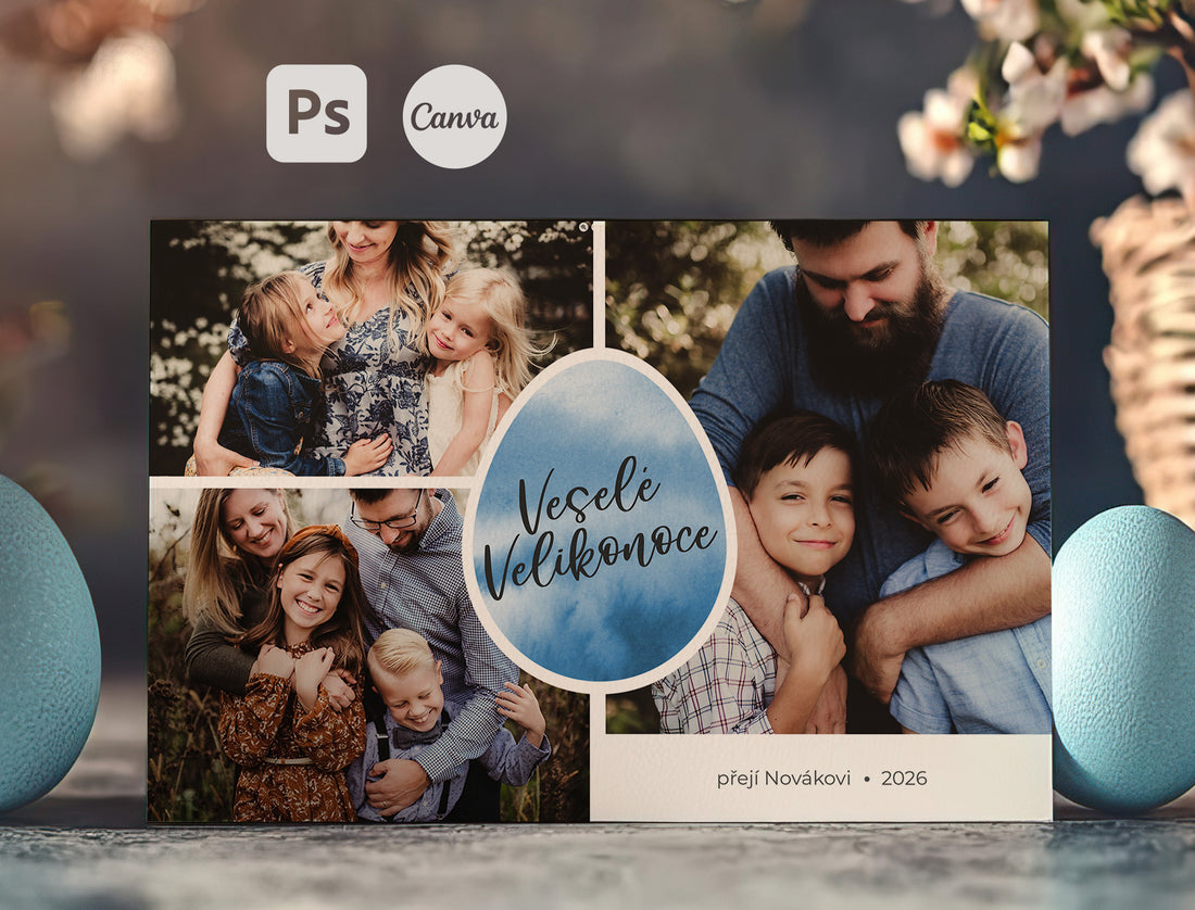 Velikonoční pohlednice pro fotografy s akvarelovým vajíčkem – šablona s vloženou fotografií