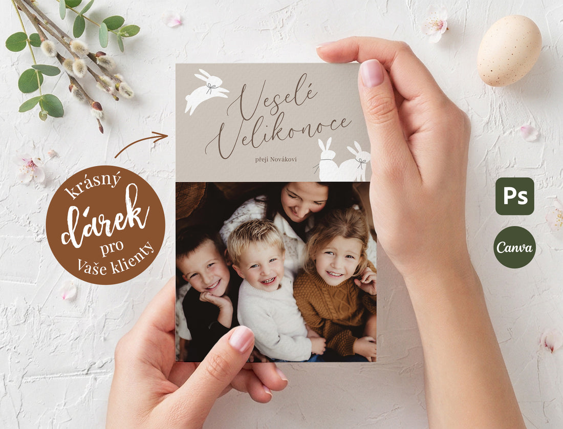 Velikonoční pohlednice pro fotografy se zajíčky a vlastní fotografií