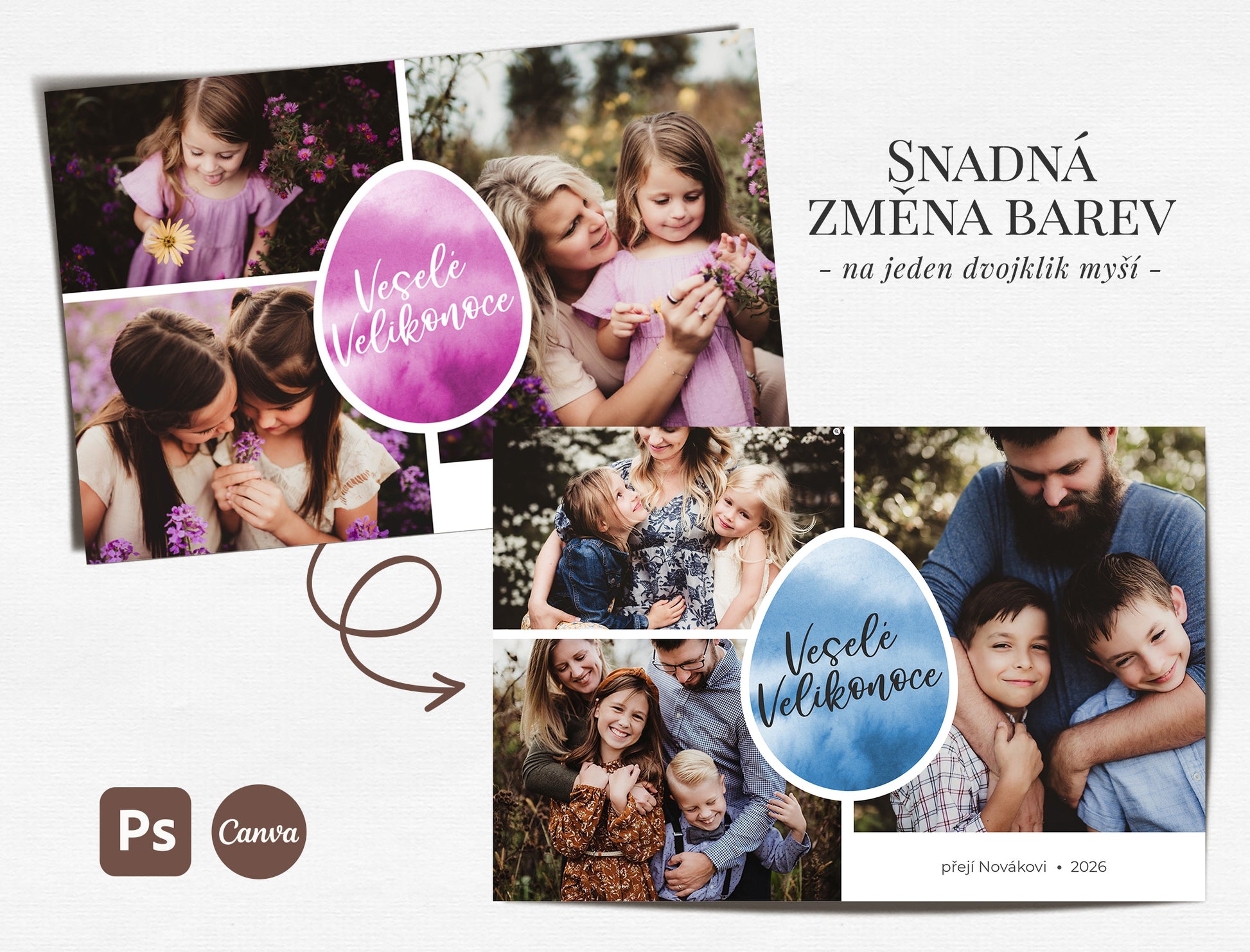 Ukázka velikonoční pohlednice pro fotografy s vlastní fotografií a akvarelovým vajíčkem