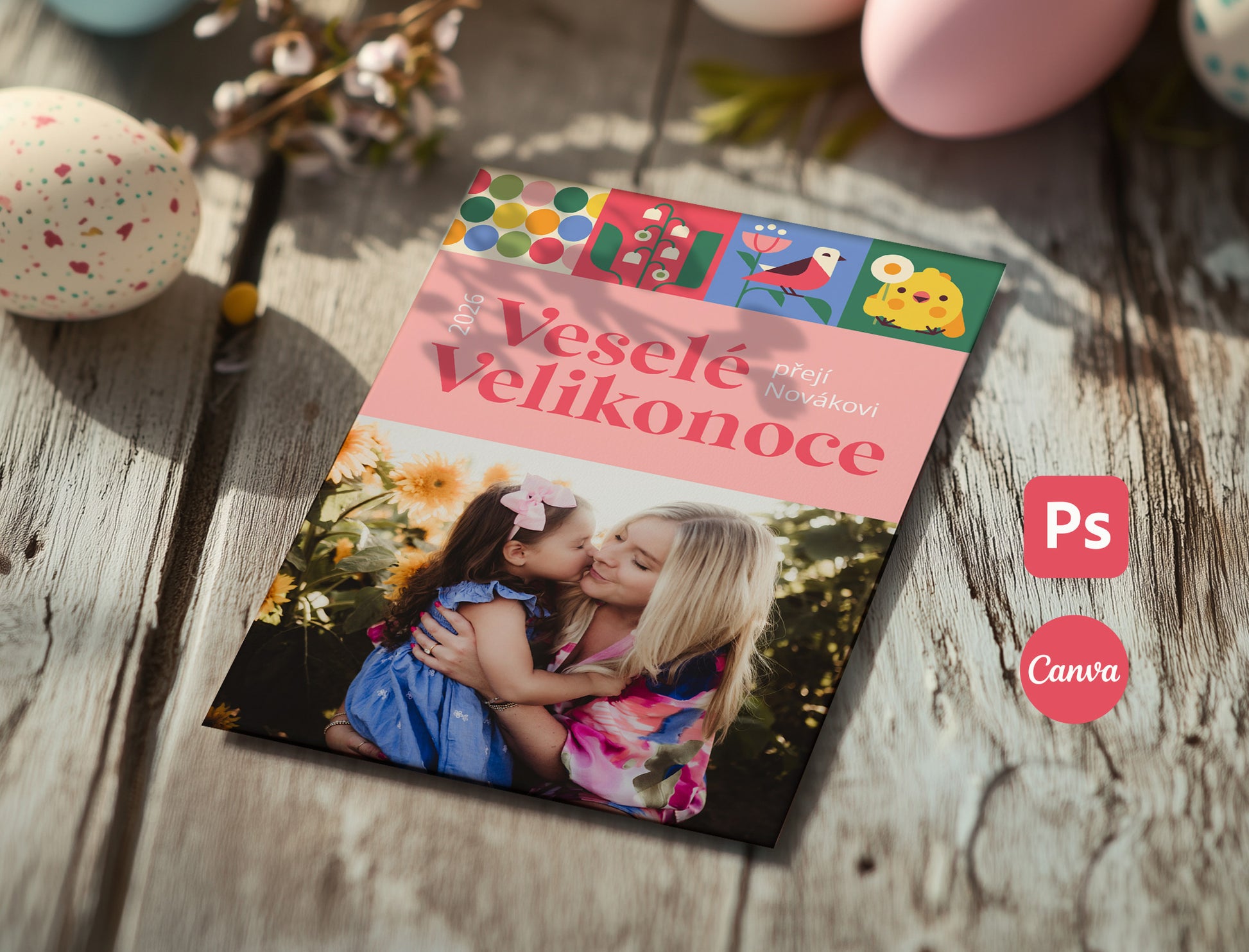 Šablona velikonoční pohlednice pro fotografy s vlastní fotografií – jarní design v retro stylu