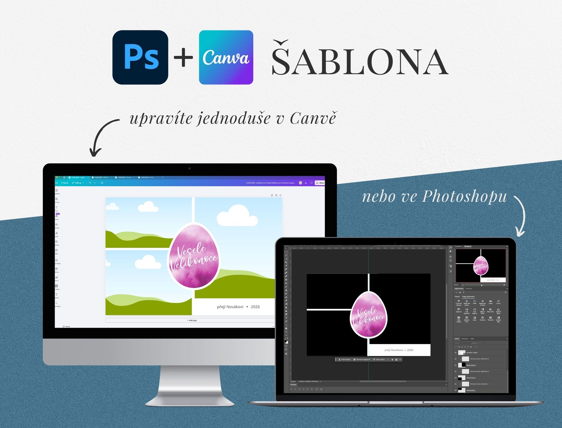 Velikonoční přání pro klienty fotografa – šablona s akvarelovým vajíčkem