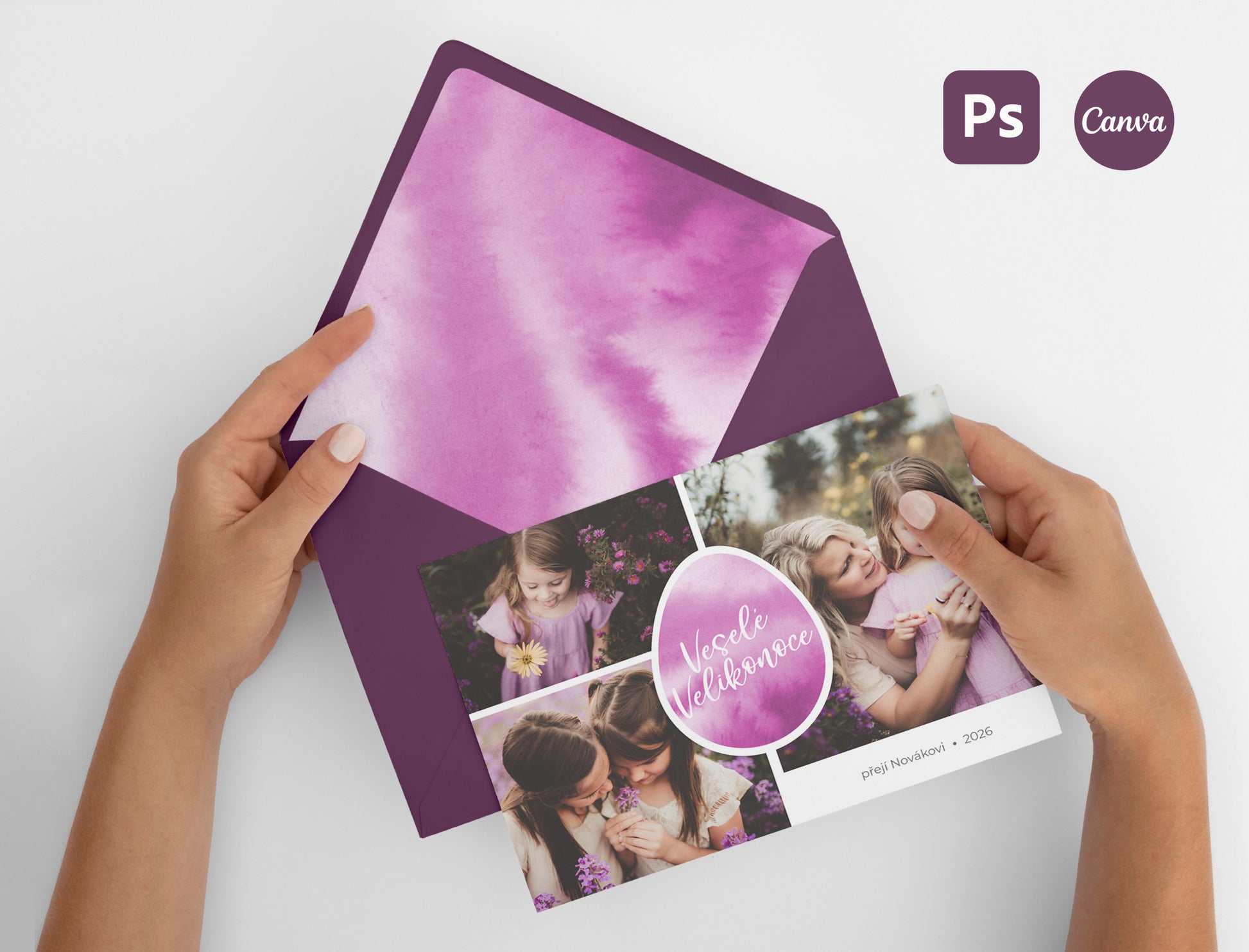 Ukázka použití šablony velikonoční pohlednice s fotografií dítěte