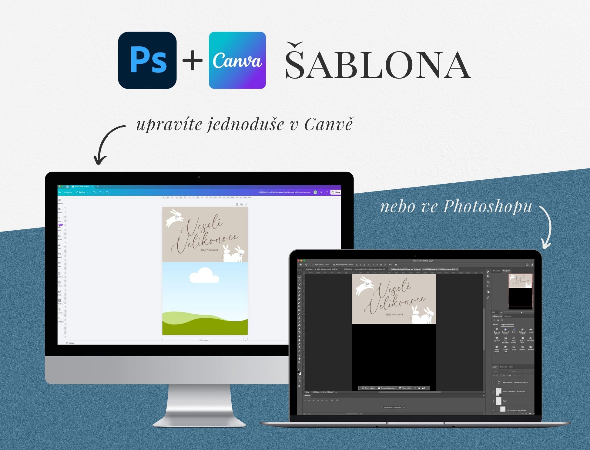 Velikonoční přání se zajíčky – ukázka šablony pro fotografy