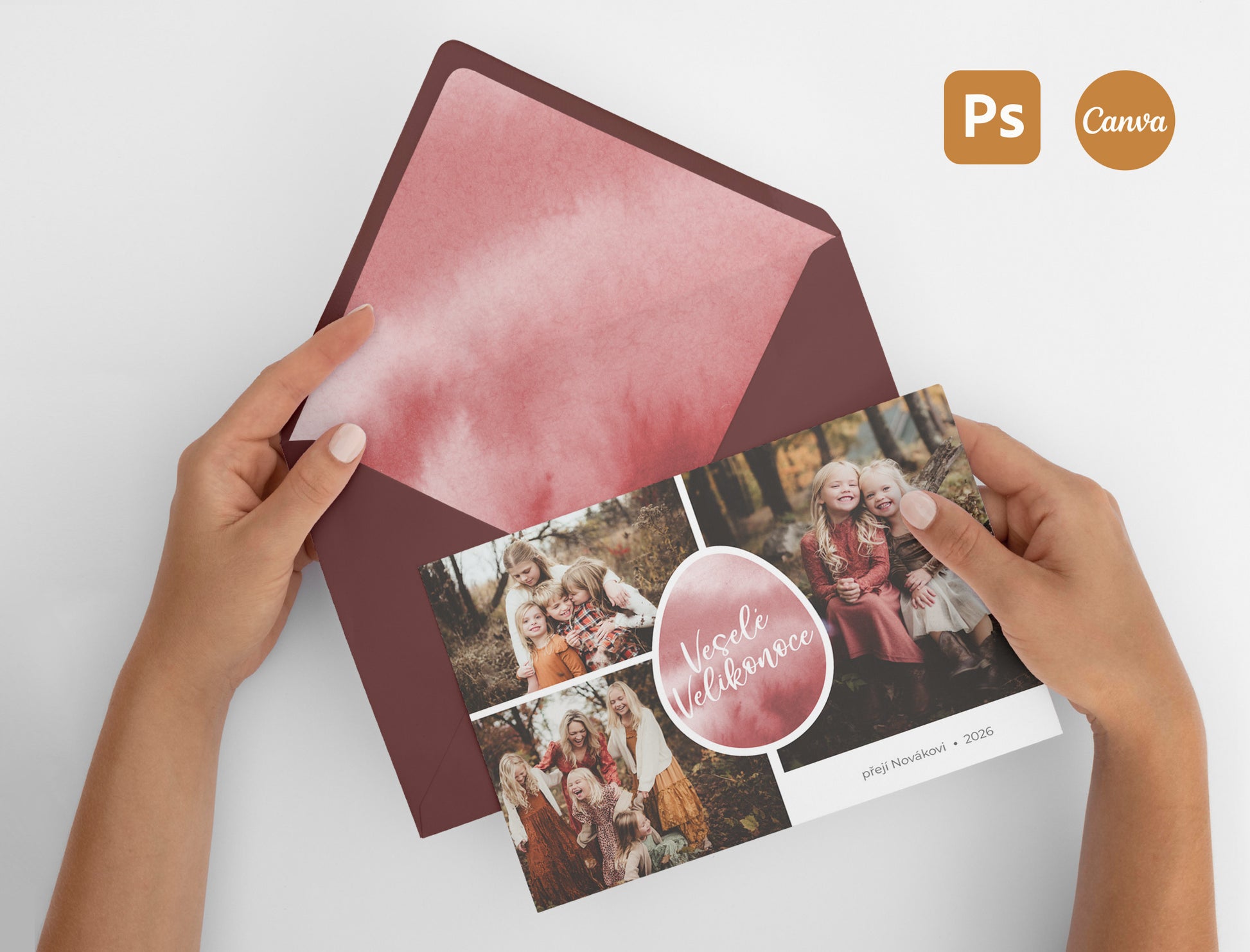 Grafická šablona velikonoční pohlednice s akvarelovým vajíčkem pro Photoshop a Canvu